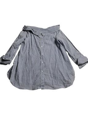 Abbeline Navy and White Striped Off-Shoulder Button-Down Shirt